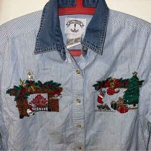 Vintage Striped Denim holiday  Shirt with Embroidery
